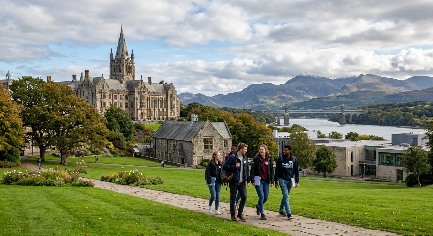 Bangor University campus with historic stone buildings set against the backdrop of Snowdonia mountains and the Menai Strait, engineering students walking across green lawns under a partly cloudy Welsh sky