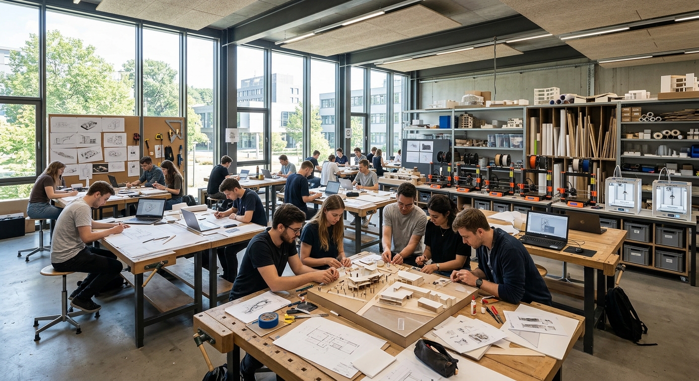 Modern architecture studio at Campus Haspel, University of Wuppertal, students working on architectural models and drawings, large open workspace with natural light, design materials and 3D printers visible