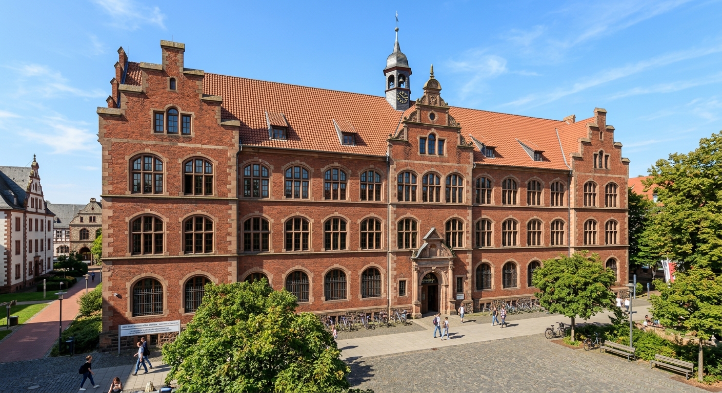 Historic Zeughaus building in Giessen used by agricultural departments and the university library, red brick facade with arched windows, sunny day