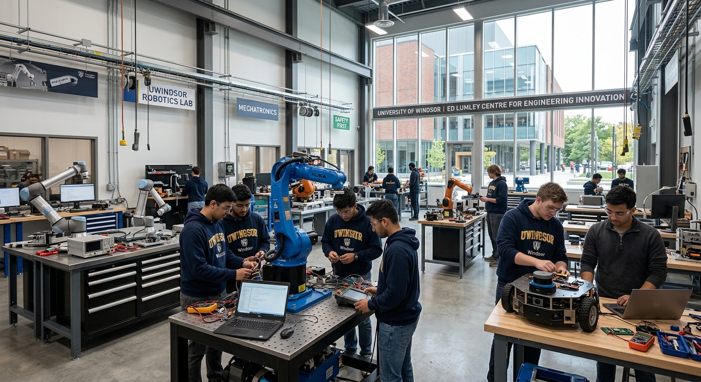 Modern engineering laboratory at the University of Windsor with robotic arms, autonomous vehicle prototypes, and students working on mechatronic systems, Ed Lumley Centre for Engineering Innovation in background, bright industrial lighting
