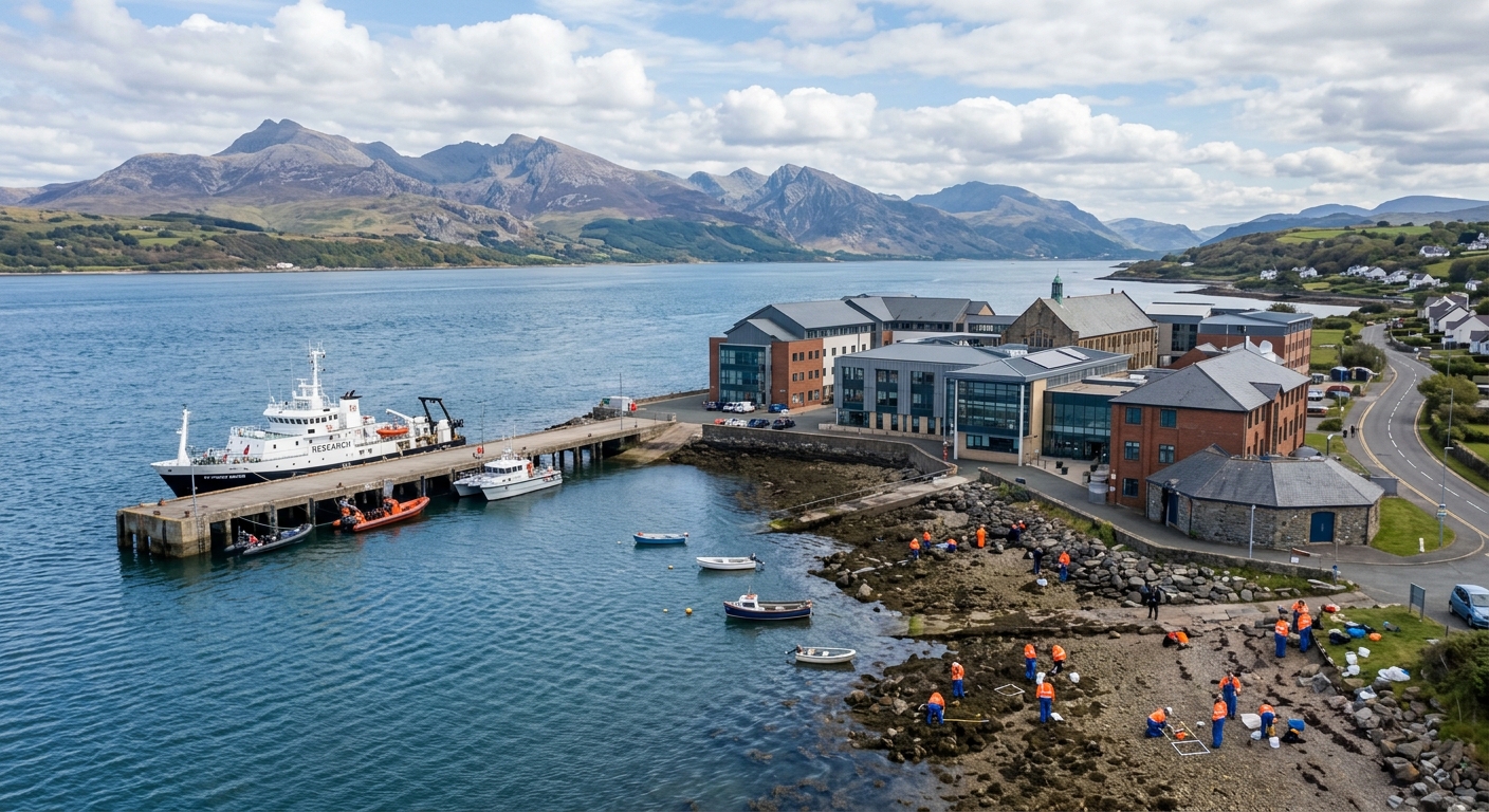 Aerial view of Bangor University School of Ocean Sciences on the Menai Strait coastline in North Wales, with research vessels docked at the pier, mountains of Snowdonia visible in the background, and students conducting fieldwork along the rocky shoreline under partly cloudy skies