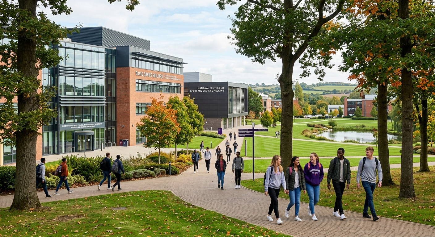 Loughborough University campus with modern engineering buildings, green landscaped grounds, and students walking along tree-lined paths in the East Midlands, United Kingdom