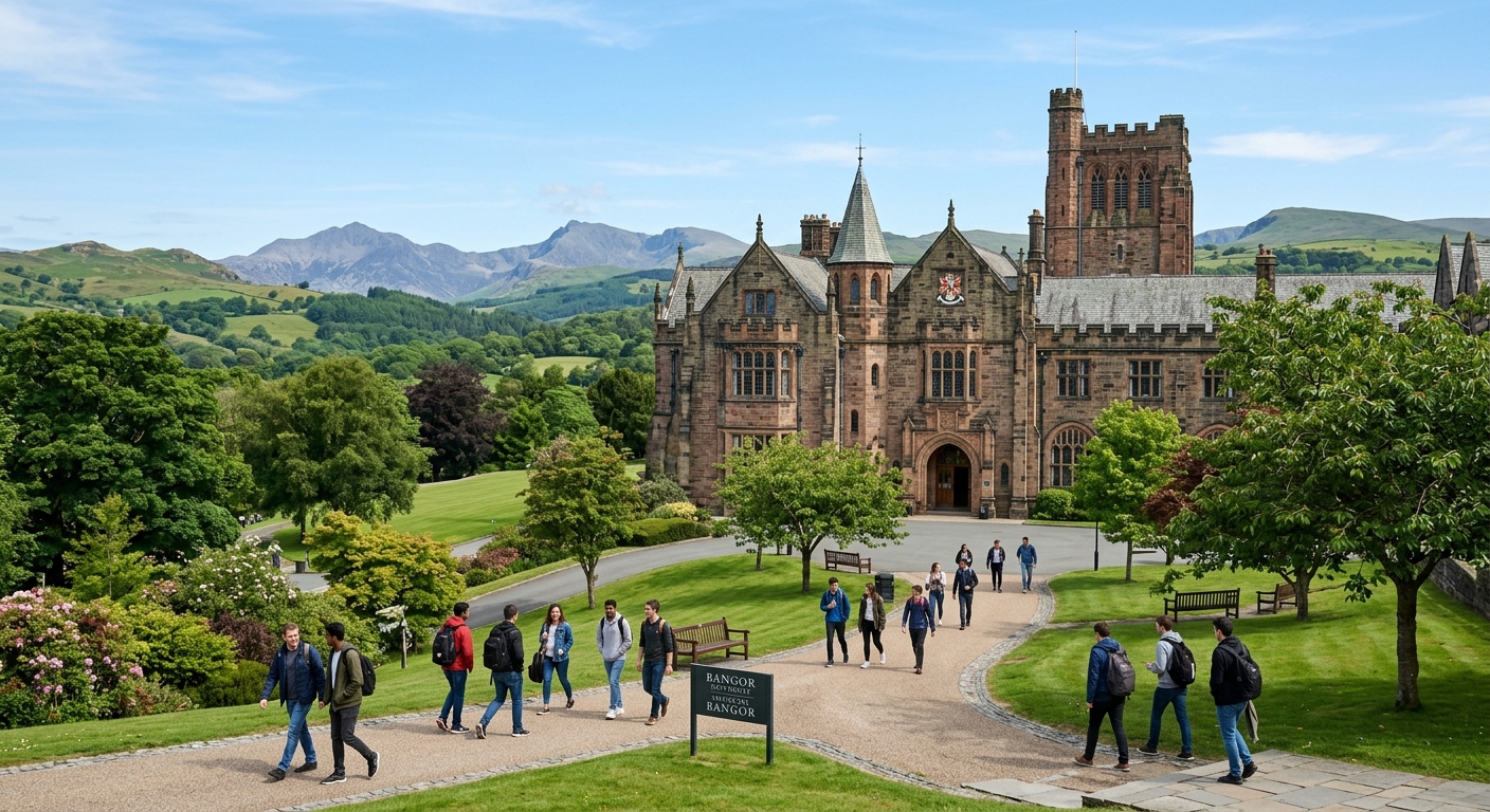 Bangor University main building with Gothic architecture surrounded by green Welsh landscape, mountains of Snowdonia visible in background, students walking on campus pathways under clear sky