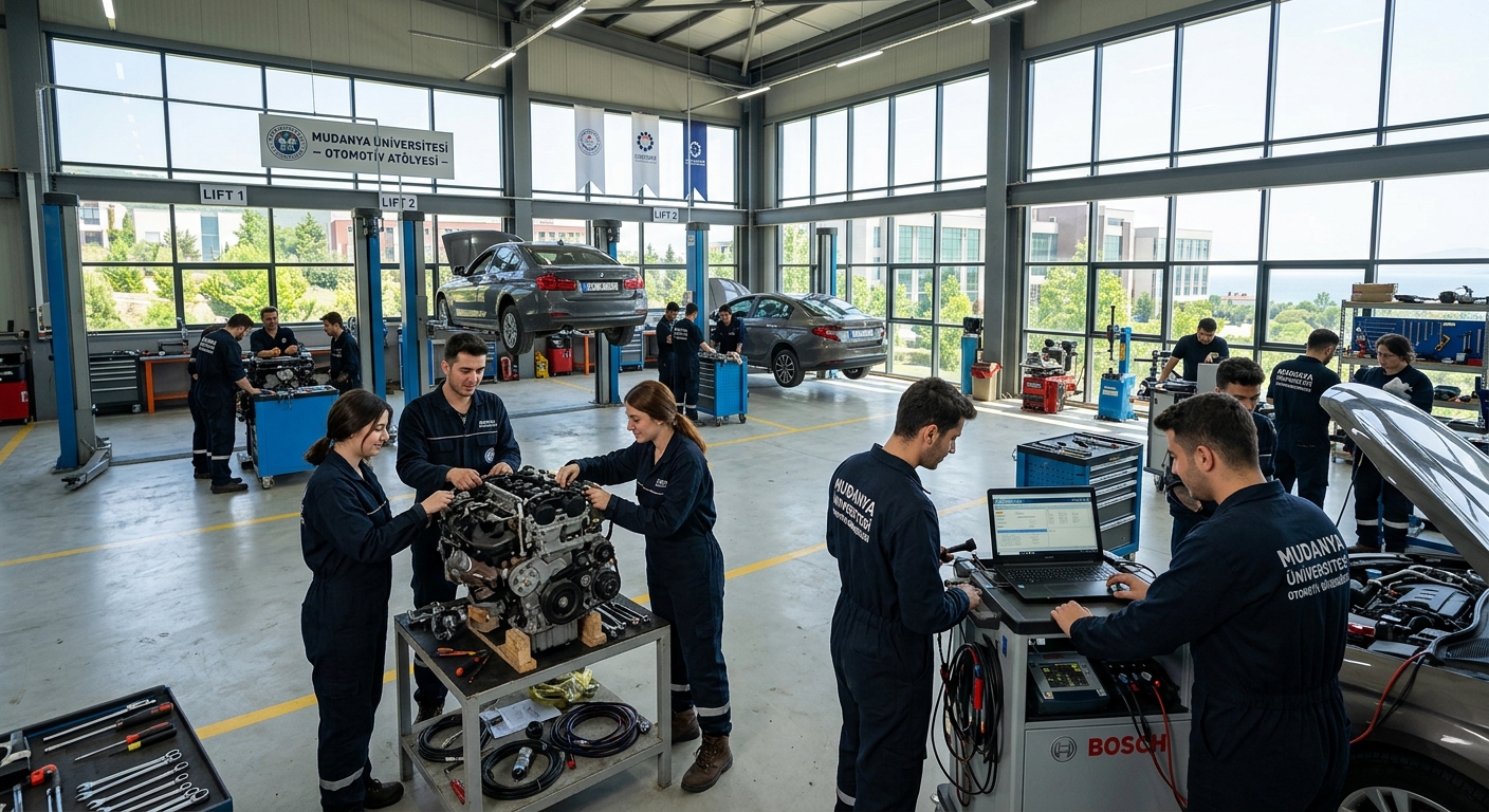 Modern automotive workshop at Mudanya University campus in Bursa Turkey, students working on car engines and diagnostic equipment, bright industrial lighting, green campus surroundings visible through large windows