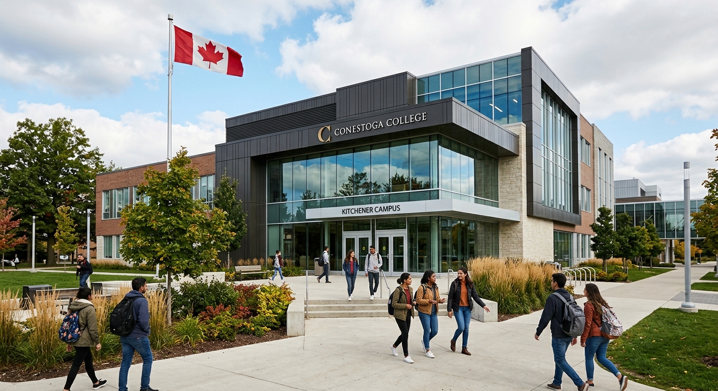 Modern Conestoga College campus building in Kitchener Ontario with students walking near the entrance, contemporary architecture with glass facades, green landscaping, Canadian flag visible