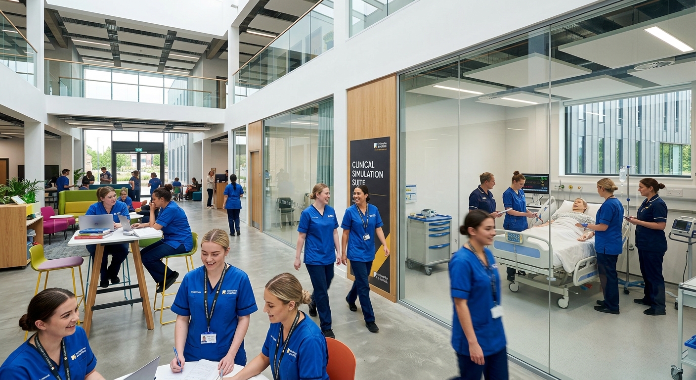 University of Suffolk Health and Wellbeing Building, contemporary healthcare education facility with clinical simulation rooms, bright interior with students in nursing uniforms