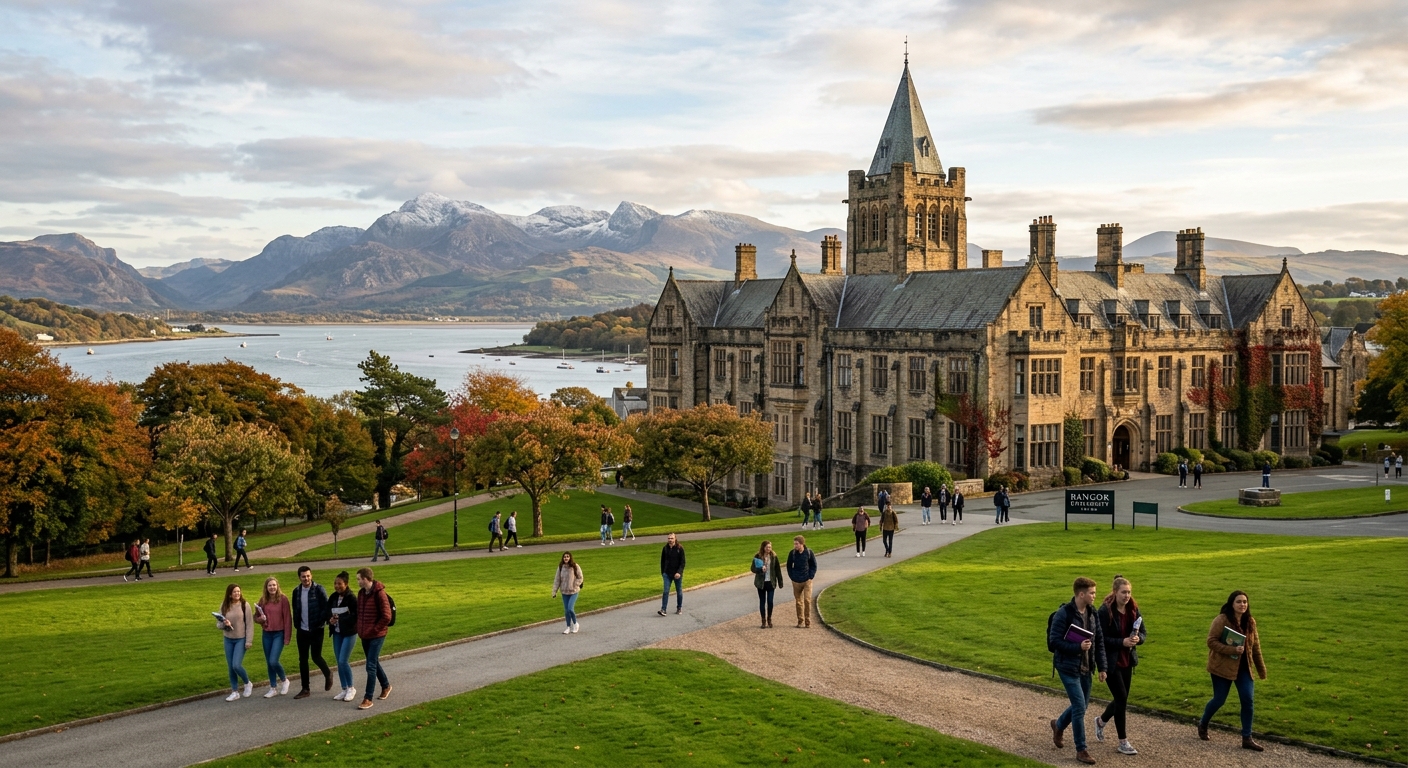 Historic Bangor University campus building with green lawns, set against the dramatic backdrop of Snowdonia mountains and the Menai Strait in North Wales, students walking along pathways in autumn light