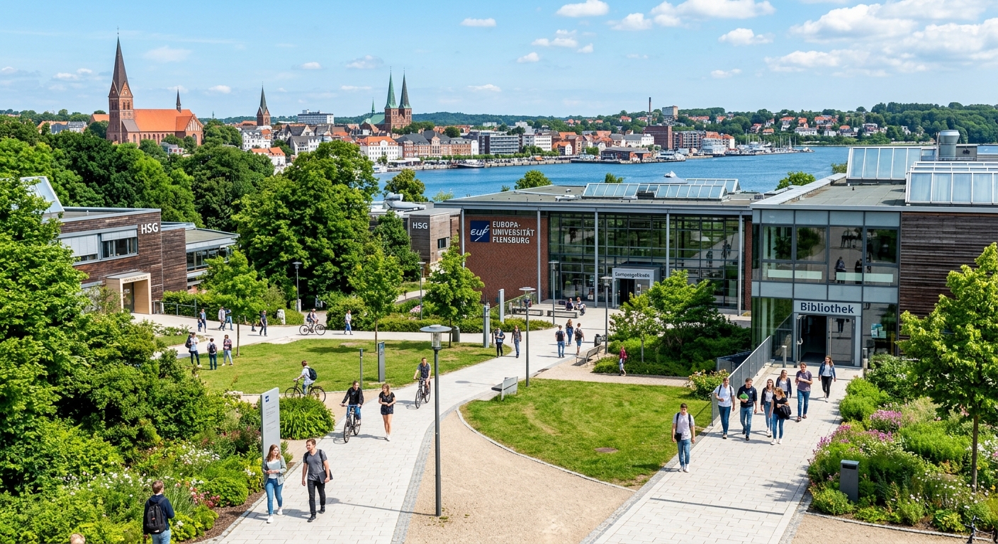 Modern university campus of Europa-Universität Flensburg with contemporary academic buildings surrounded by green spaces, students walking along pathways, northern German coastal city skyline in the background under a bright sky