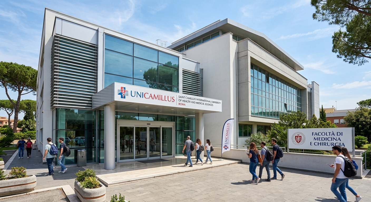 UniCamillus Rome main campus building exterior, modern Italian architecture, medical university entrance with glass doors and signage, sunny day
