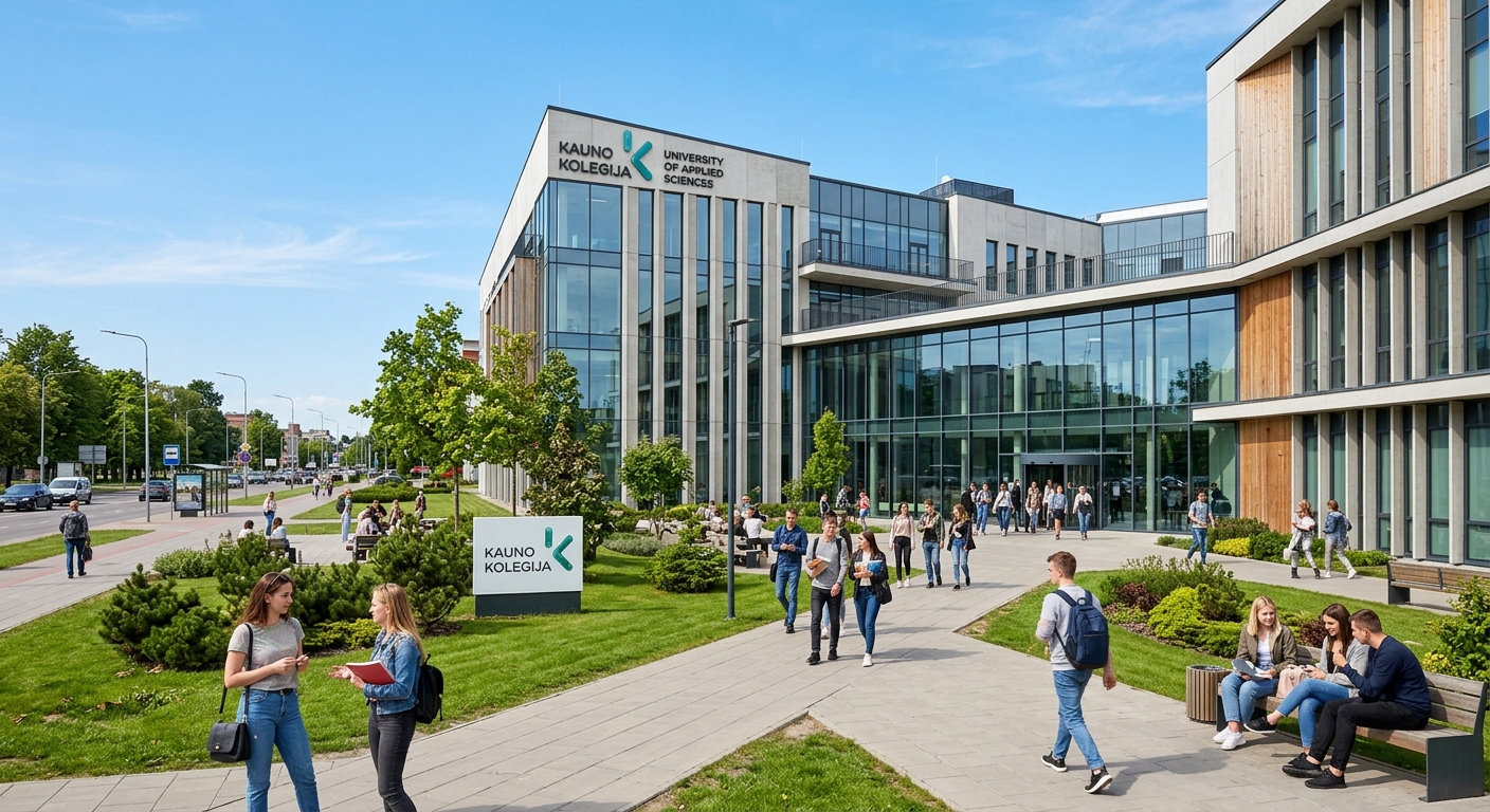Kauno Kolegija University of Applied Sciences main campus building on Pramones prospektas in Kaunas Lithuania, modern academic building with glass facade, green courtyard, students walking, clear sky