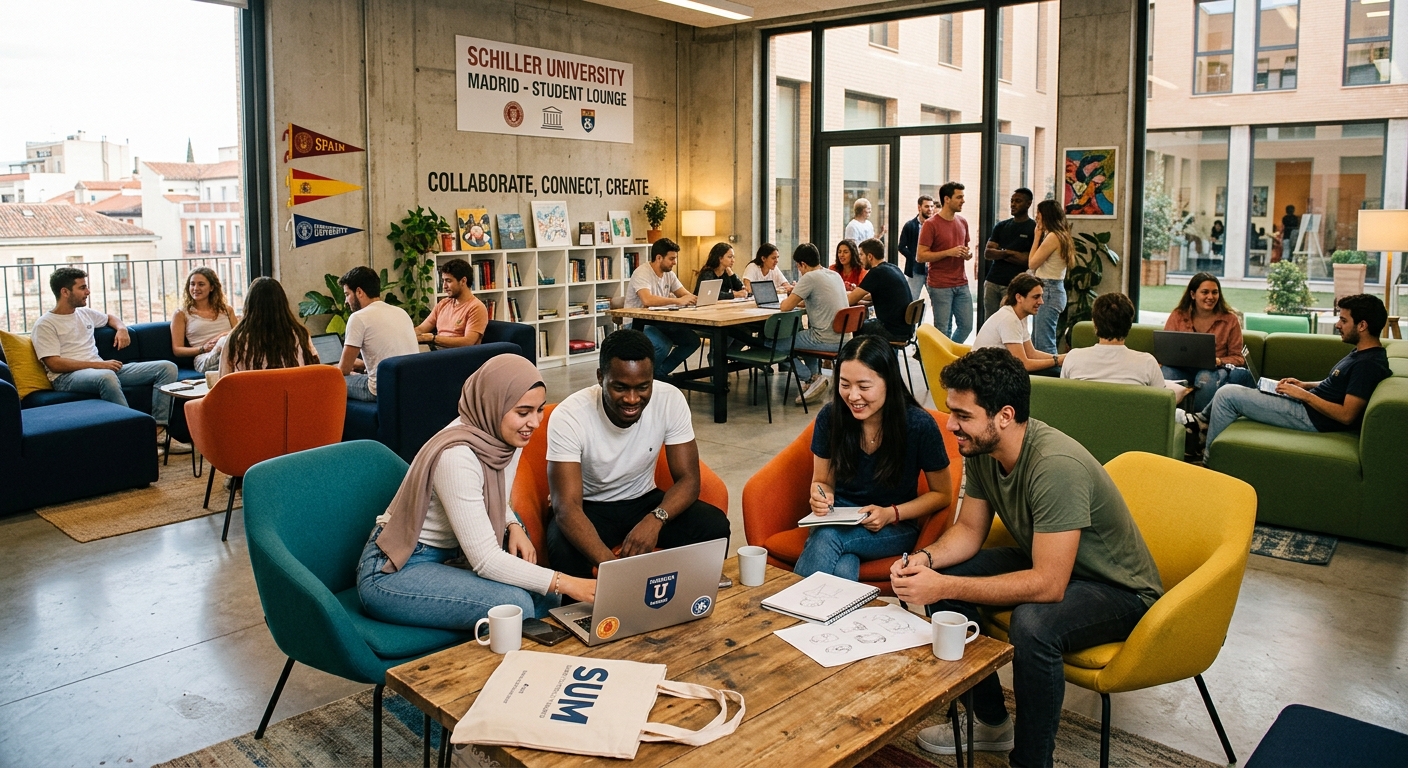 Student lounge and social area at Schiller University Madrid, diverse international students collaborating, colorful seating, open-plan design