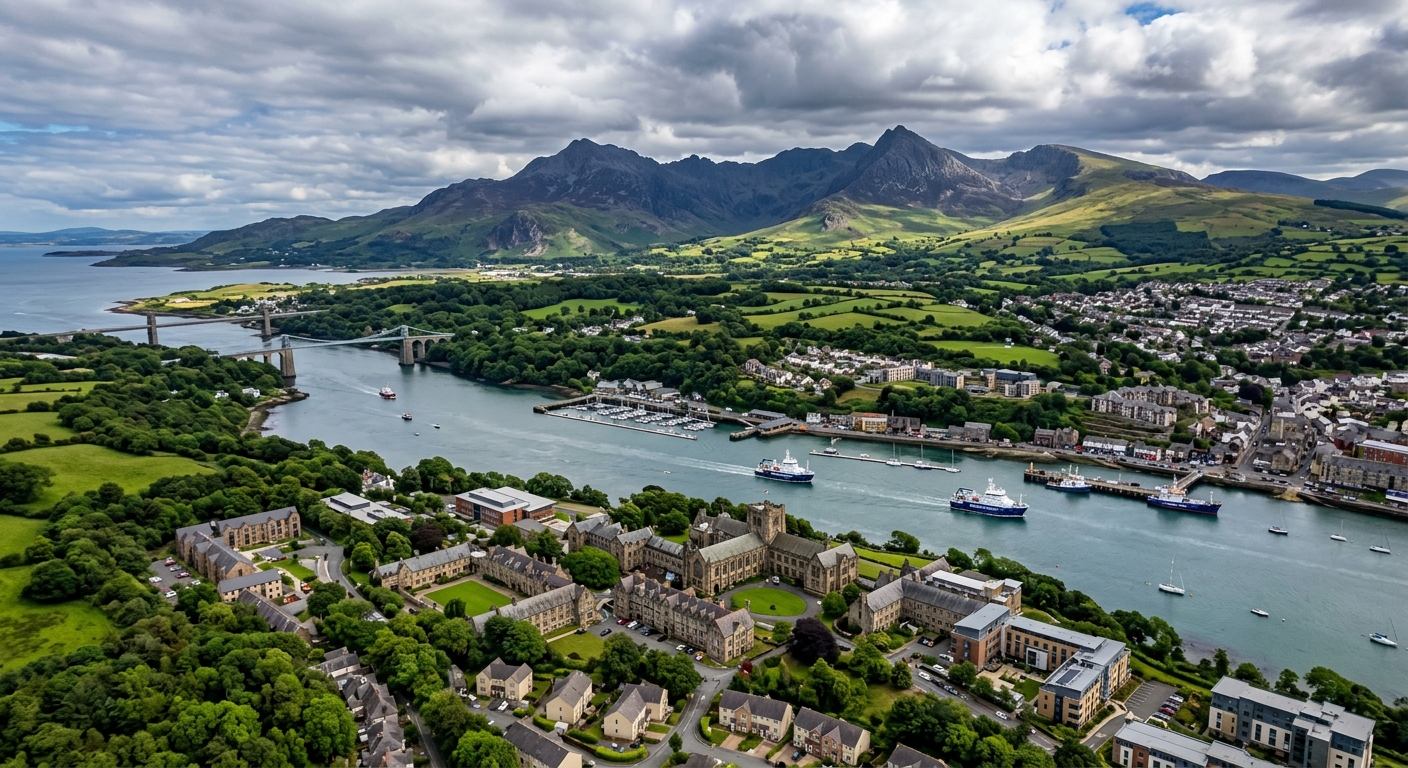 Aerial view of Bangor University campus nestled between Snowdonia mountains and the Menai Strait in North Wales, with research vessels visible on the water and lush green coastal landscape under a dramatic sky