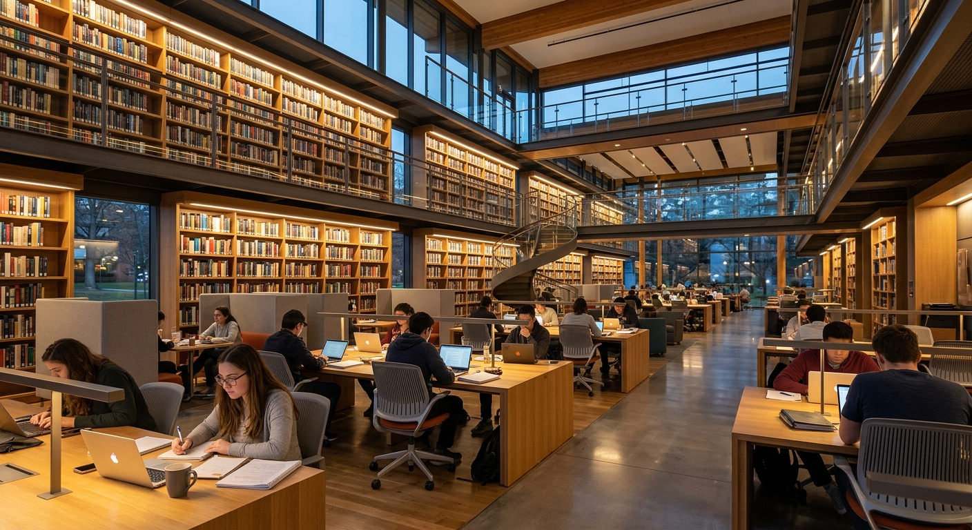 Modern university library interior with students studying at desks, floor-to-ceiling bookshelves, warm lighting, and contemporary furniture