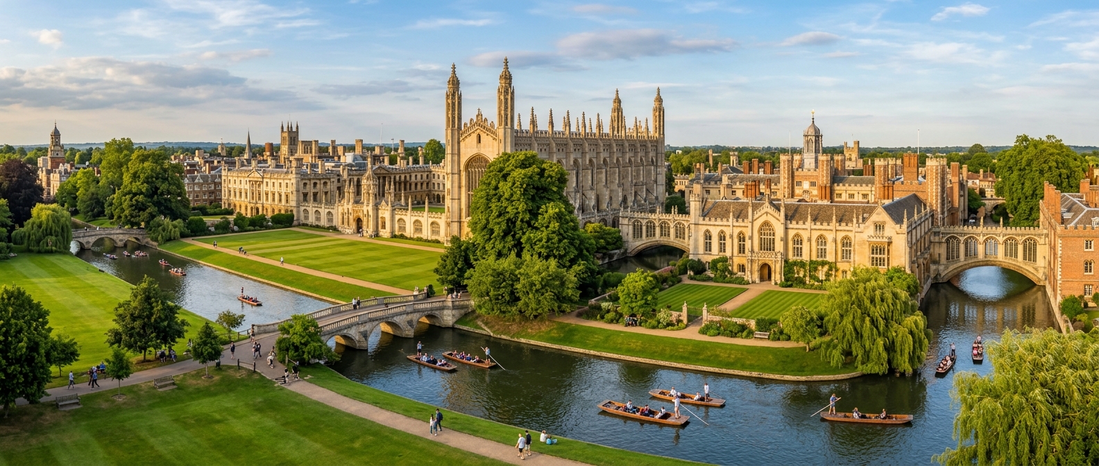 Panoramic view of University of Cambridge with King's College Chapel and the River Cam in the foreground, historic Gothic and Tudor college buildings, green manicured lawns, punts on the river, soft golden afternoon light