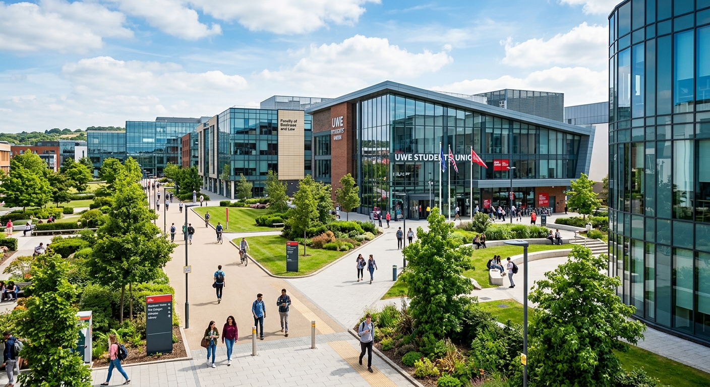 UWE Bristol Frenchay Campus modern buildings with glass facades, landscaped green spaces, student pathways, and the Students Union building on a bright day