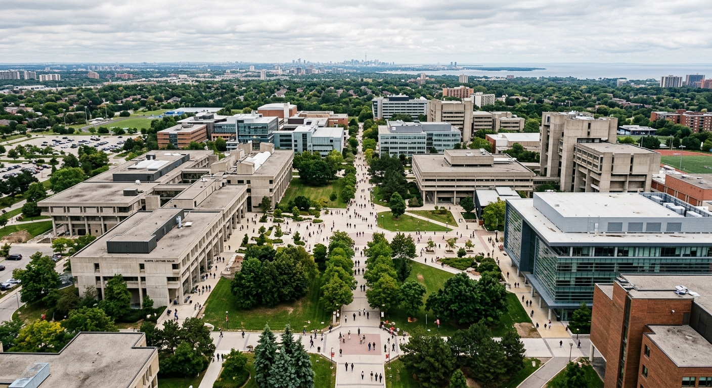 Aerial view of York University Keele Campus in Toronto, modern brutalist and contemporary buildings surrounded by green spaces, wide pedestrian walkways, students walking between buildings, overcast Canadian sky