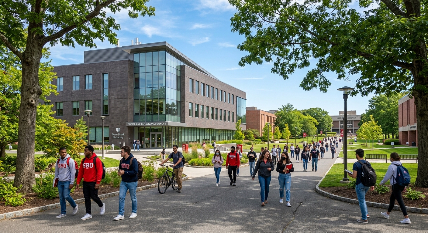 Stony Brook University campus with modern Social and Behavioral Sciences building, tree-lined walkways, students walking between classes on a sunny day in Long Island, New York