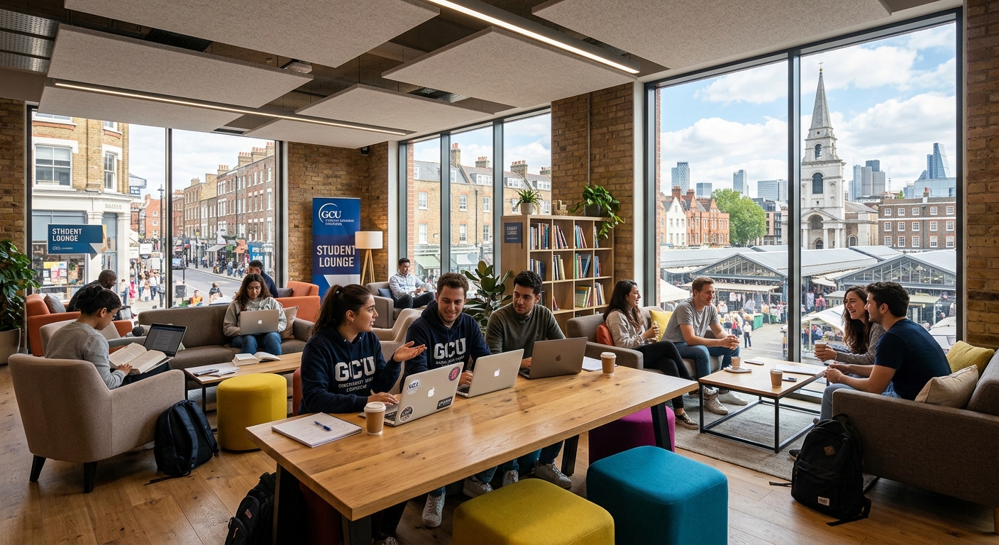 GCU London student lounge area with comfortable seating, collaborative workspace, large windows overlooking Spitalfields, students studying and socialising