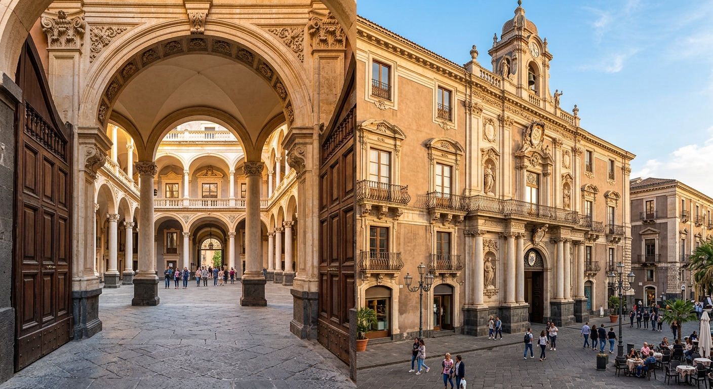 Palazzo dell'Università in Piazza Università, Catania, Baroque facade with ornate columns and arches, historic courtyard with 16 columns forming a quadrangle, warm Mediterranean light