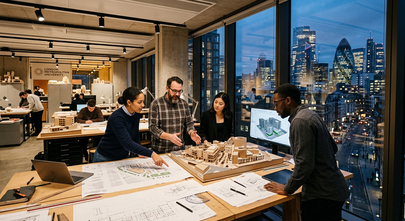 Modern architecture studio at London Metropolitan University Aldgate campus, professional architects reviewing building plans and models, large windows overlooking east London skyline, warm interior lighting with drafting tables and digital screens