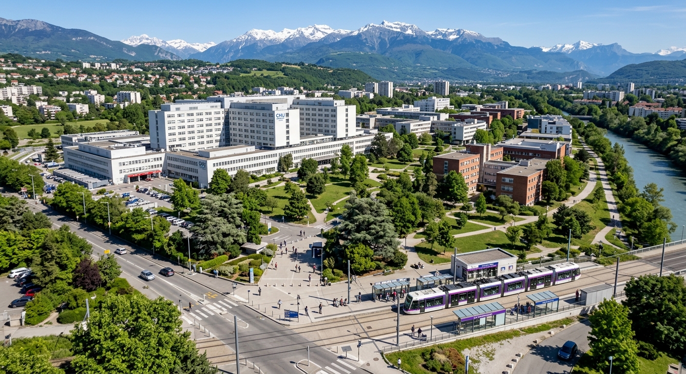 La Tronche medical campus of Université Grenoble Alpes with the university hospital building, green spaces, and tram station nearby