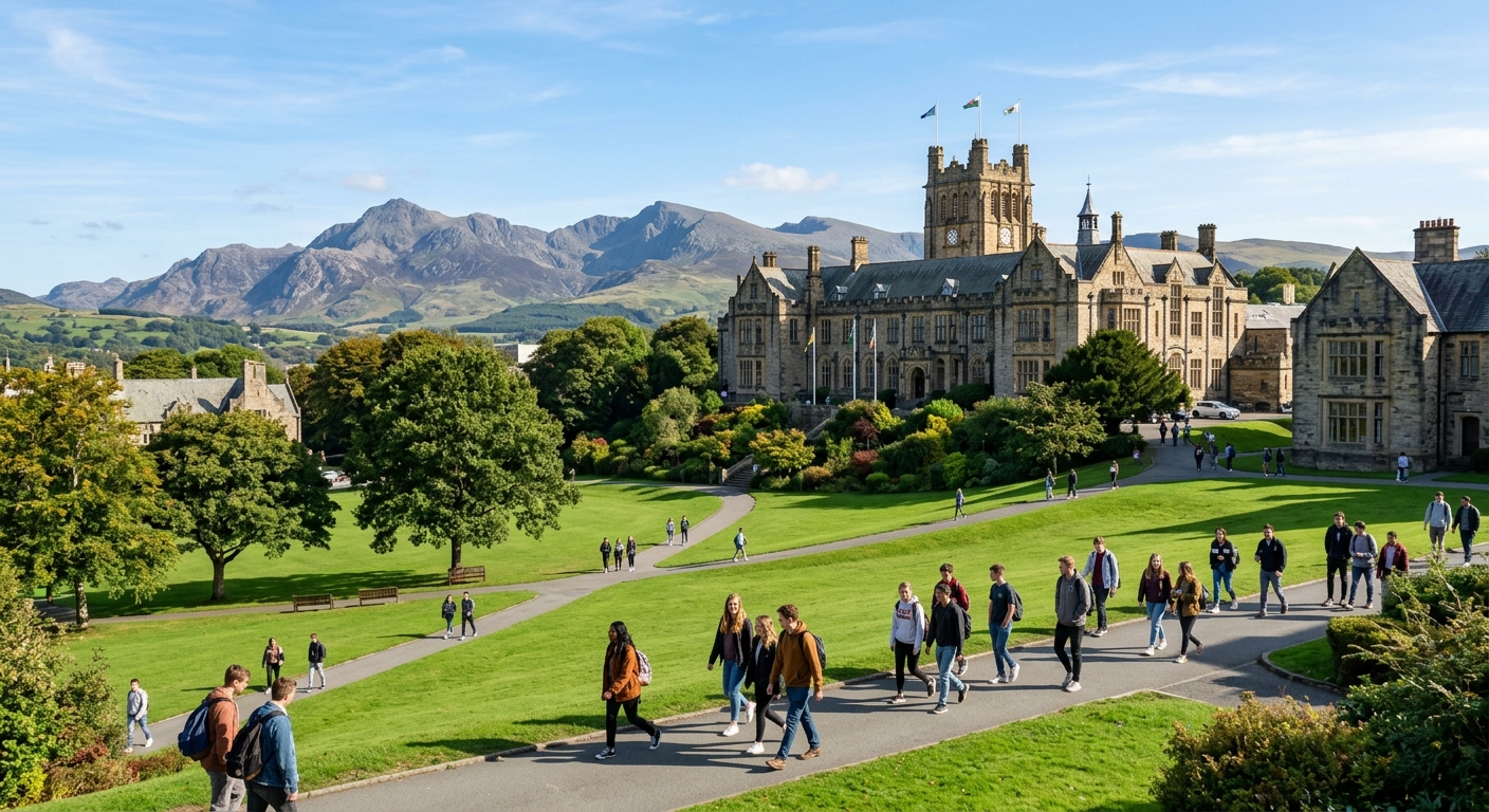 Bangor University campus with historic Victorian buildings, view of Snowdonia mountains in the background, green lawns, students walking between lecture halls under clear skies in North Wales