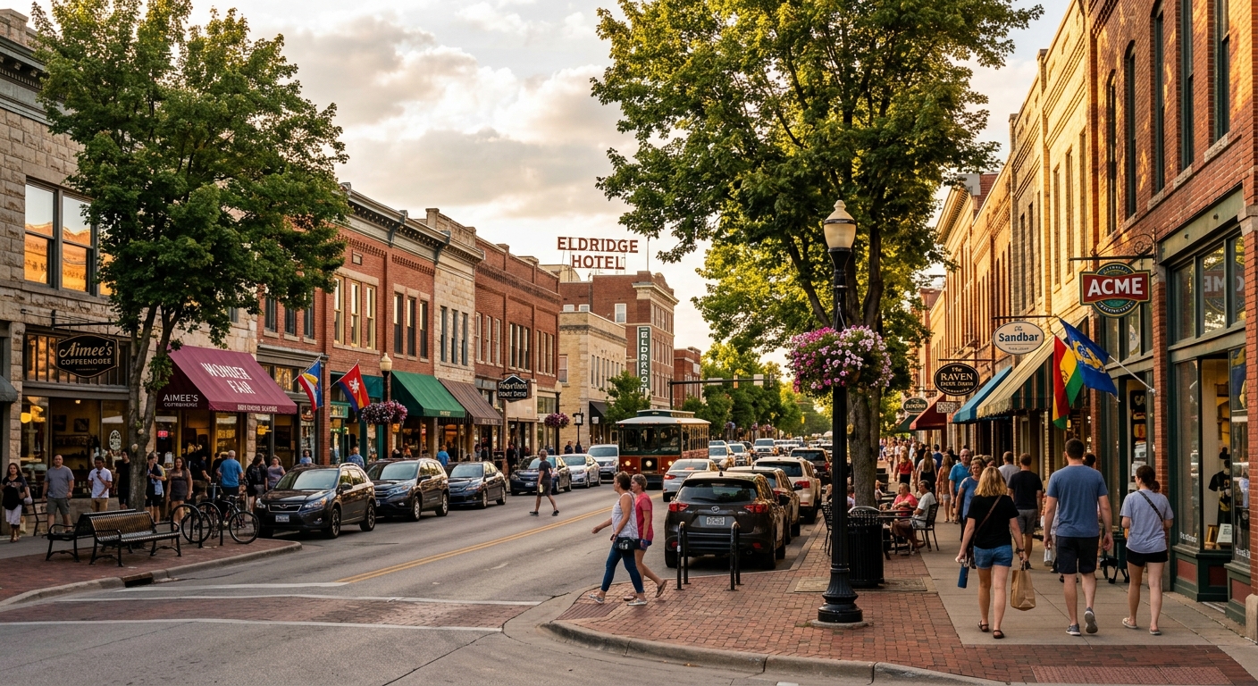 Lawrence Kansas downtown Massachusetts Street with charming brick storefronts, local shops and restaurants, tree-lined sidewalks, and a vibrant small-city atmosphere at golden hour