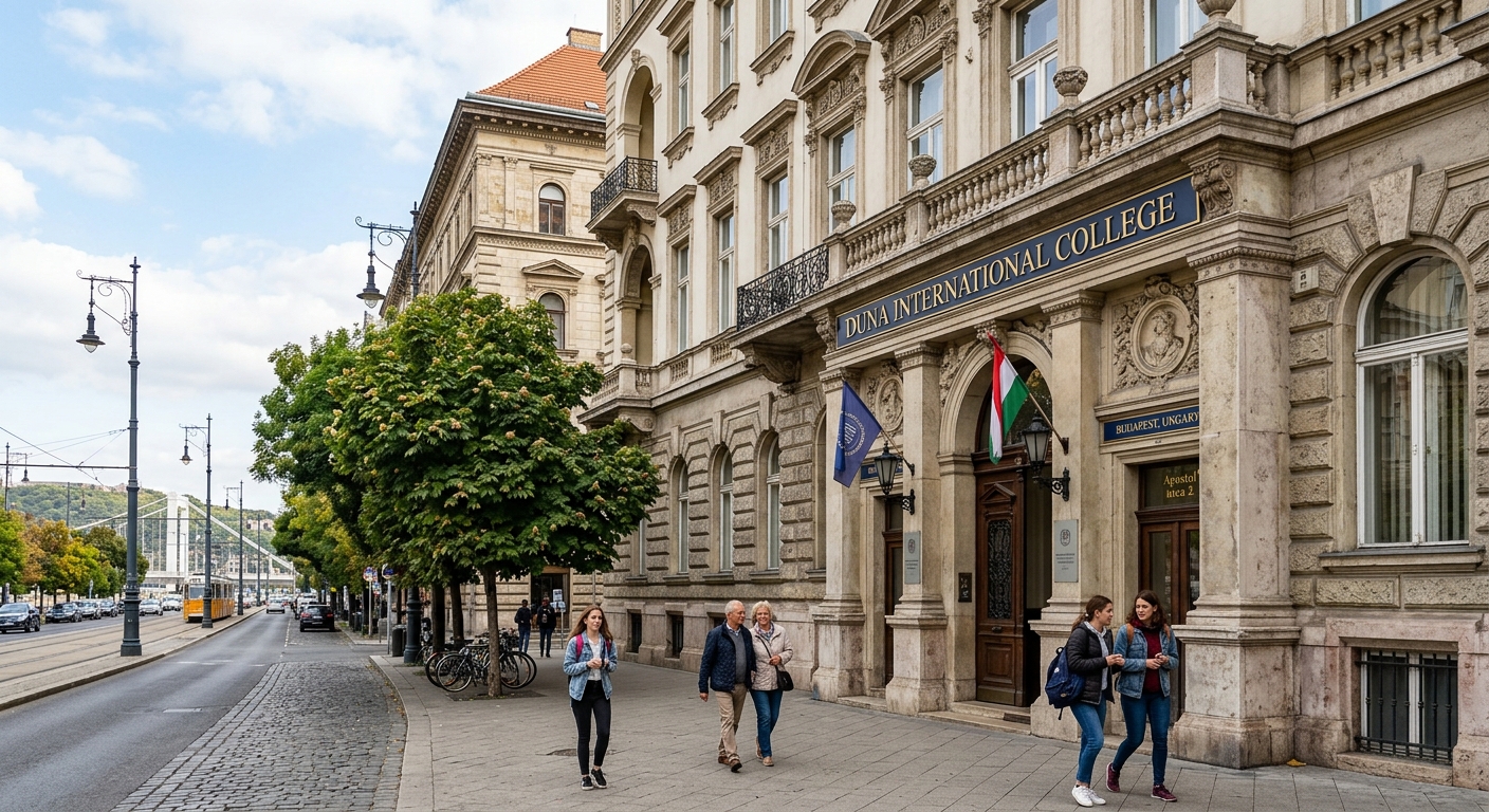 Historic Budapest building exterior housing Duna International College, European architectural style, tree-lined street on the Buda side, pedestrians walking