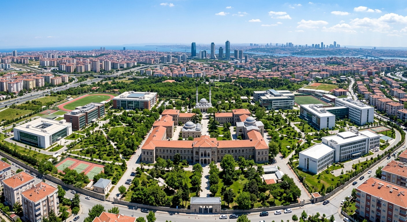 Istanbul Sabahattin Zaim University Halkali campus wide aerial view, historic Ottoman-era stone buildings alongside modern academic facilities, lush green campus grounds, Istanbul skyline in the background, clear blue sky