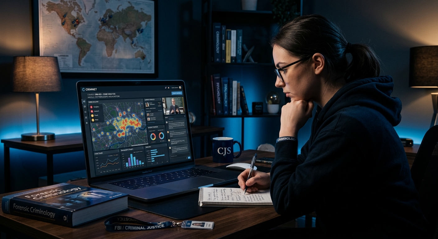 Modern online learning environment with a student studying criminology on a laptop, digital interface showing crime analysis data, dark moody lighting with blue accents, professional criminal justice themed workspace