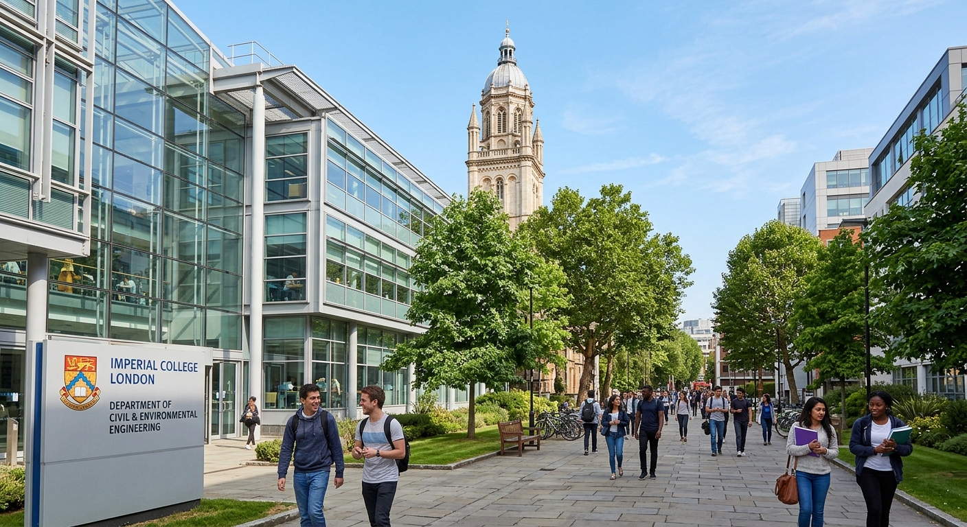 Imperial College London South Kensington campus with the Queen's Tower in the background, modern engineering building facade, students walking along tree-lined pathways, clear sky over London