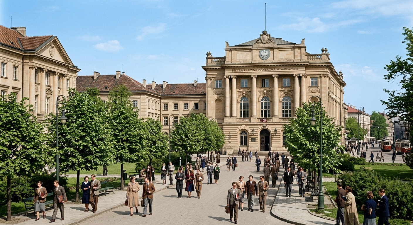 Historic interwar-era campus of SGH Warsaw School of Economics in Warsaw, Poland, featuring classical architecture, tree-lined pathways, and students walking between academic buildings under a clear sky