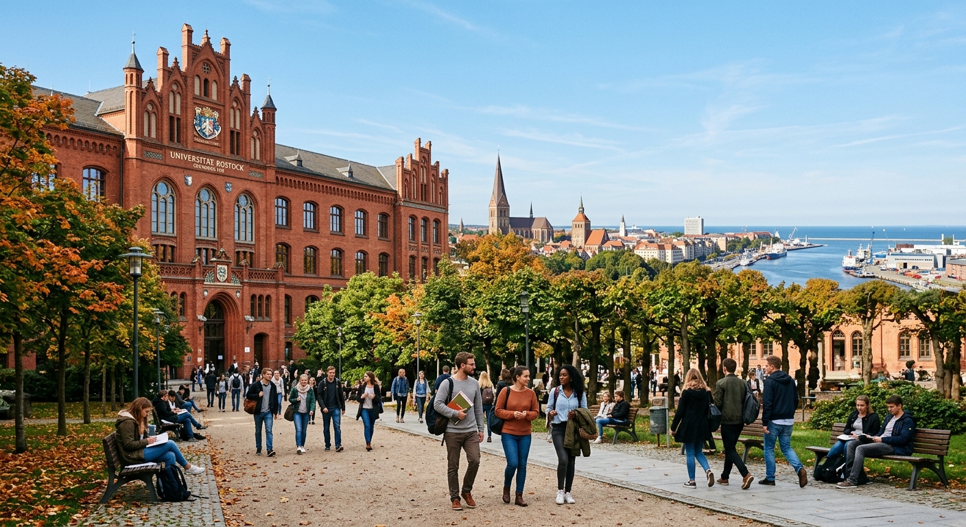 Historic red-brick university building at University of Rostock with students walking through a tree-lined campus courtyard, Baltic Sea coastal city visible in the background, clear sky