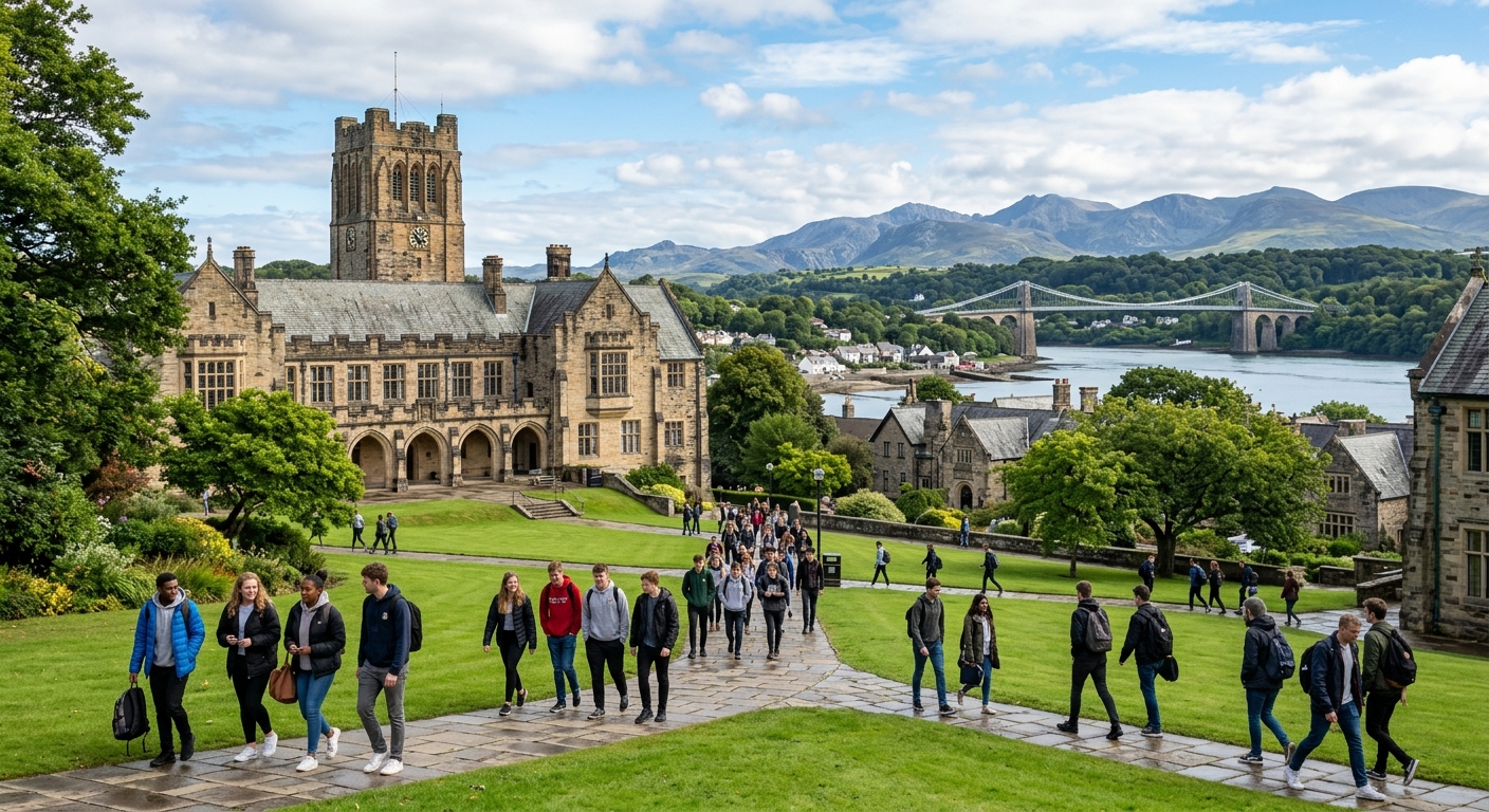 Bangor University campus with historic stone buildings set against the backdrop of Snowdonia mountains and the Menai Strait, students walking through green lawns on a bright day in North Wales