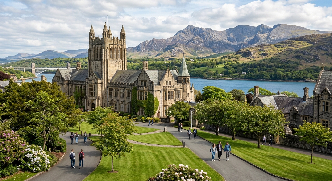 Bangor University historic campus buildings with green lawns, set against the backdrop of Snowdonia mountains and the Menai Strait in North Wales, students walking along tree-lined pathways