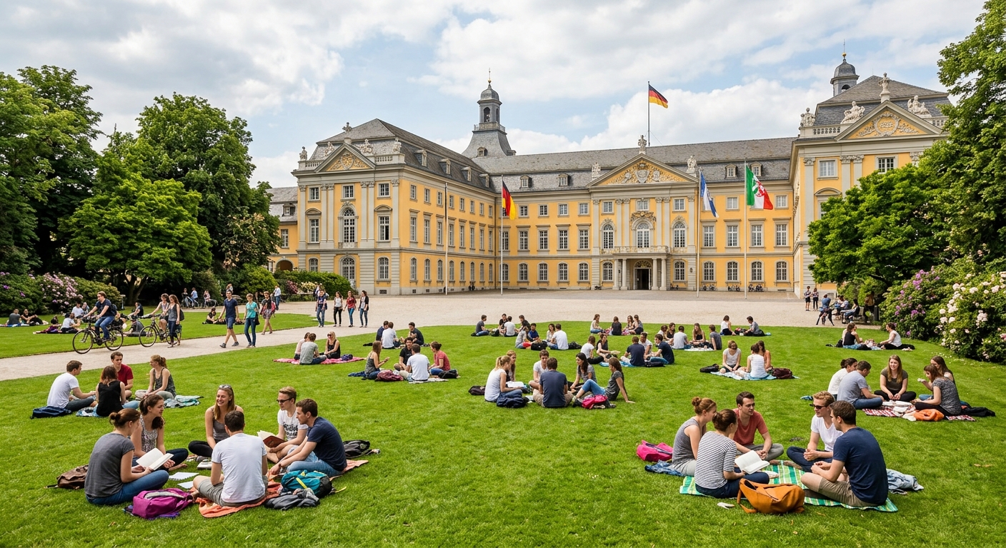 University of Bonn main building, the baroque Electoral Palace (Kurfürstliches Schloss), with golden-yellow facade, grand courtyard, Hofgarten park with green lawns, students relaxing on grass