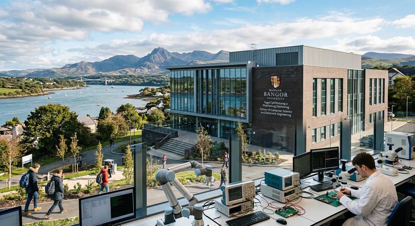 Bangor University School of Computer Science and Electronic Engineering building with modern laboratory equipment, set against the scenic backdrop of Snowdonia mountains and the Menai Strait in North Wales