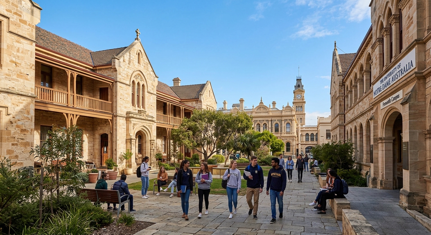 Historic sandstone university buildings in Fremantle West End heritage precinct, University of Notre Dame Australia campus with colonial-era maritime architecture, students walking through courtyard under blue Australian sky