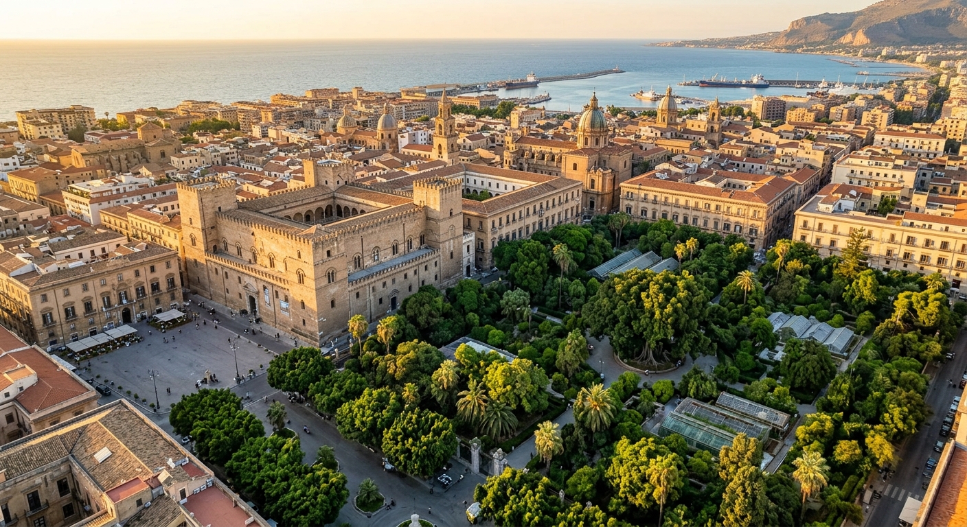 University of Palermo main campus aerial view, Palazzo Steri historic building on Piazza Marina, Mediterranean sea in background, lush Orto Botanico botanical gardens, warm golden hour light over Palermo cityscape