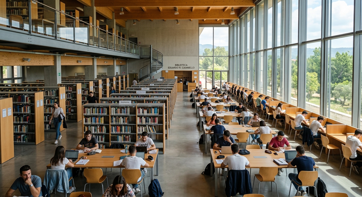 University of Salerno Biblioteca Eduardo R. Caianiello library interior, rows of bookshelves, modern study spaces, students reading at desks, natural light from large windows