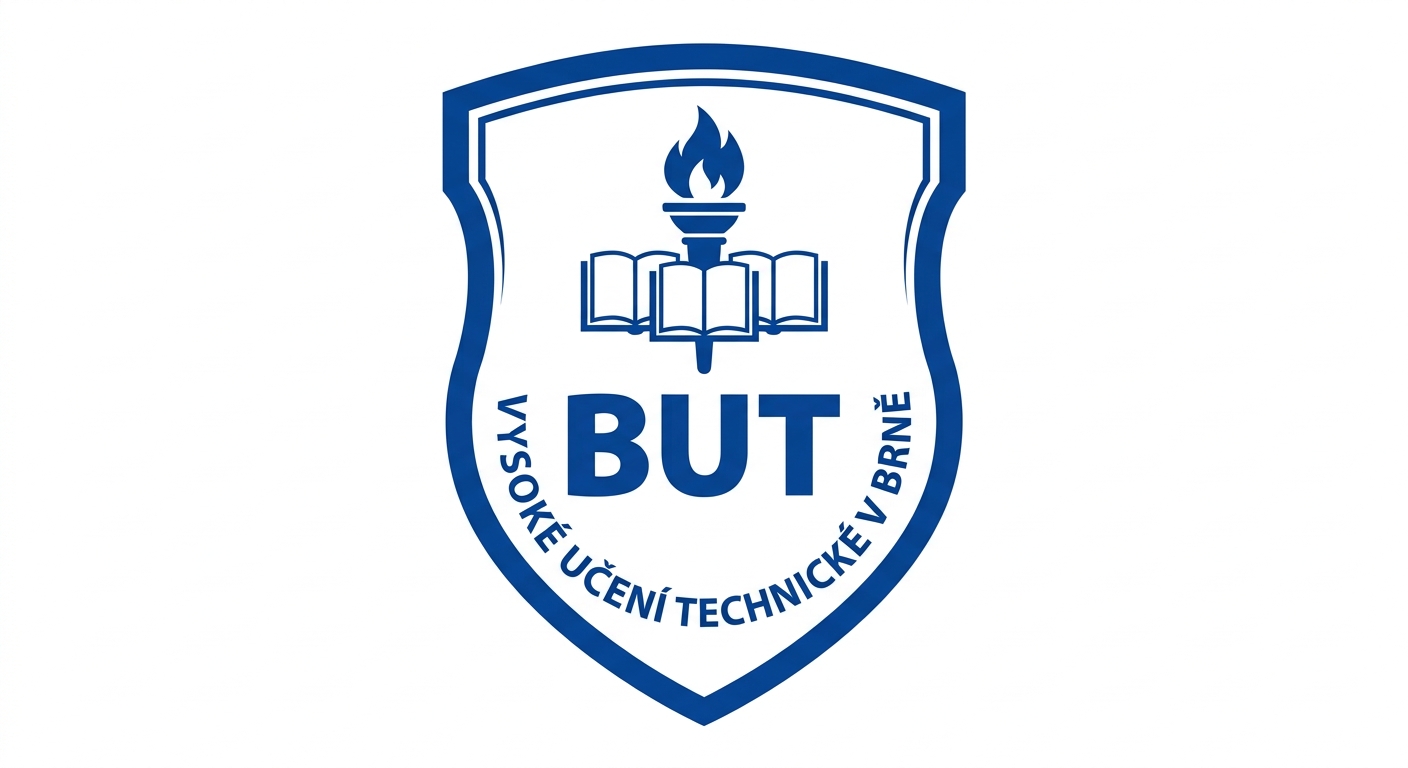 Brno University of Technology official logo, blue and white shield emblem with BUT acronym and Czech text Vysoke uceni technicke v Brne