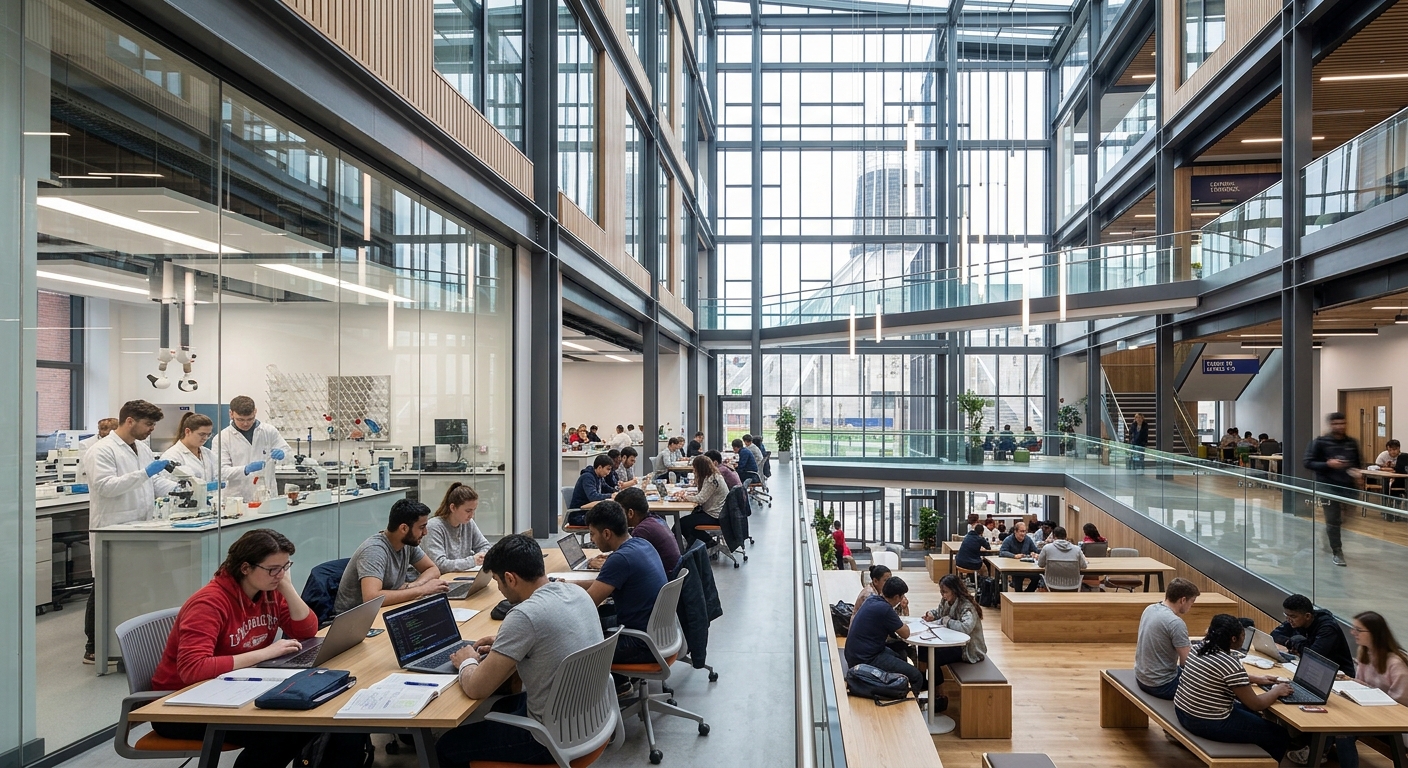 Modern Central Teaching Hub at the University of Liverpool with glass atrium and contemporary laboratory spaces, students studying inside bright open-plan areas
