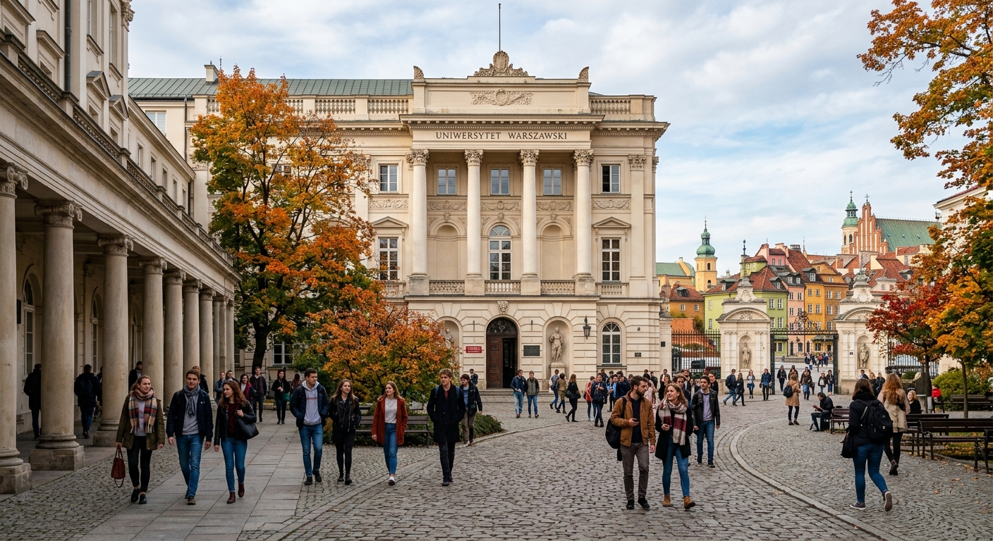 Historic University of Warsaw main campus building on Krakowskie Przedmiescie street, classical architecture with columns, students walking through courtyard, autumn foliage, Warsaw old town backdrop