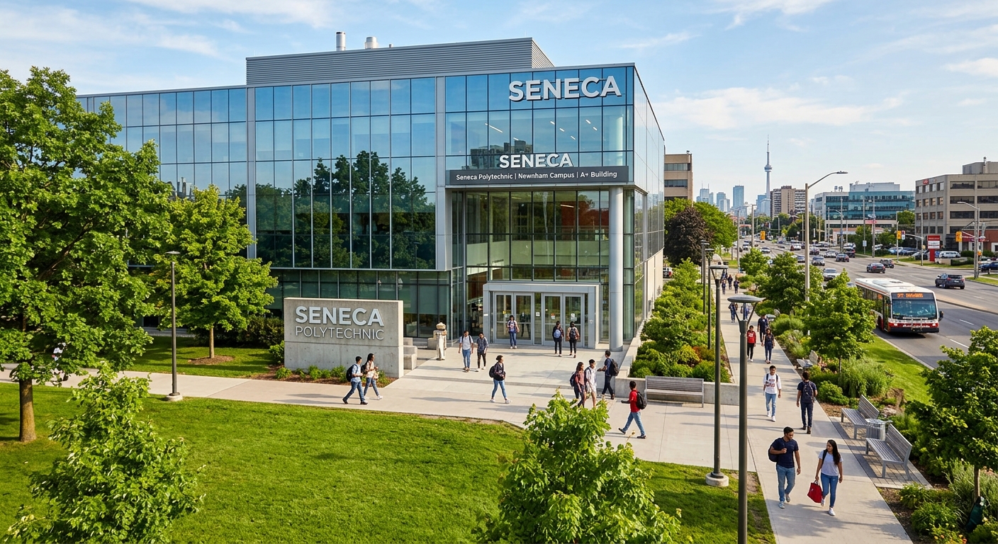 Seneca Polytechnic Newnham Campus main entrance, modern glass A+ Building with students walking on pathways, green lawn and trees, North York urban setting