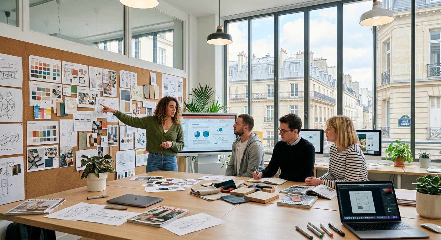 Modern Parisian private business school campus on Rue Didot, students collaborating in a bright creative studio space with design materials, mood boards, and digital screens, with classic Parisian architecture visible through large windows