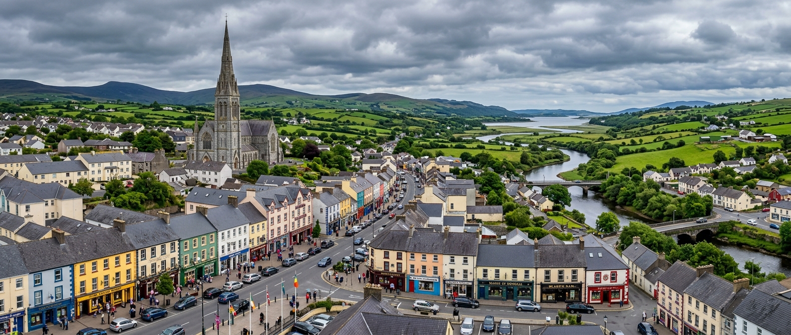 Panoramic view of Letterkenny town in County Donegal Ireland, colourful Main Street with shops, Cathedral of St Eunan in background, green hills and River Swilly, overcast sky