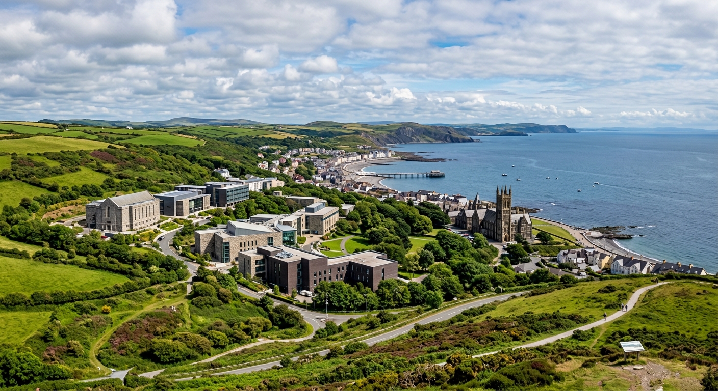 Aberystwyth University Penglais campus overlooking Cardigan Bay and the Welsh coastline, modern academic buildings surrounded by green hills, with the sea visible in the background under a partly cloudy sky