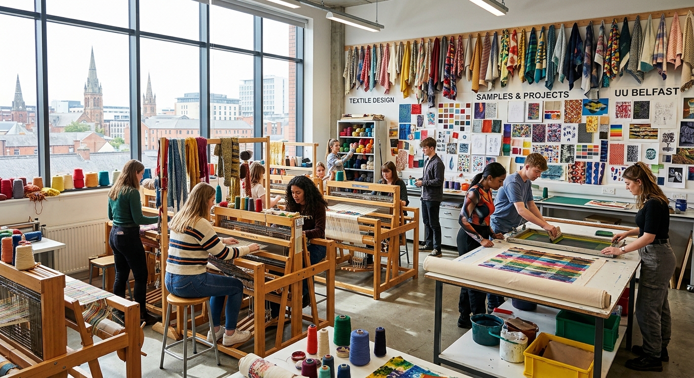 Ulster University Belfast campus textile design studio with students working at looms and print tables, fabric samples displayed on walls, natural light flooding through large windows, creative and vibrant atmosphere