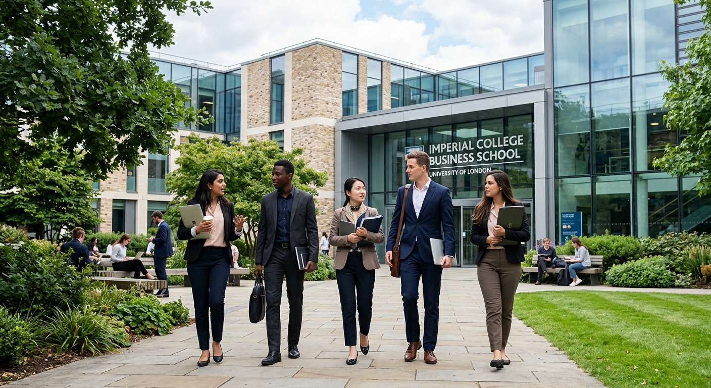 Modern university campus building with glass facade, diverse international MBA students walking through courtyard with laptops and business attire, green landscaping, United Kingdom architectural style