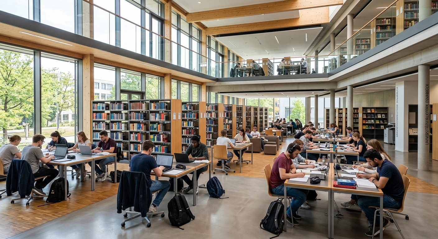 University of Osnabrück library interior, modern open-plan study spaces with natural light, students at desks and bookshelves, contemporary design